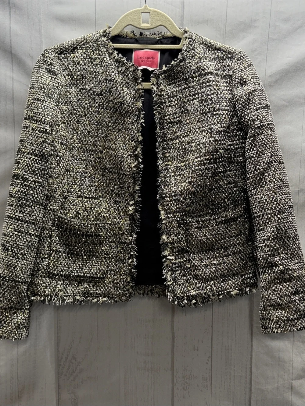 Kate Spade New York Metallic Sparkle Party Tweed Fringe Trim Open Front Jacket